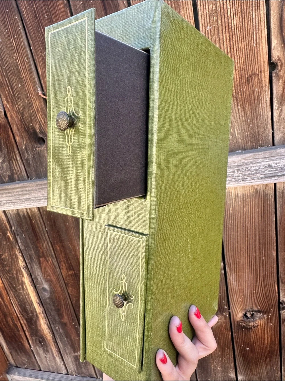 Vintage Cardboard/Leather-like Jewelry Box Green  1960's Trinket 2 Drawers